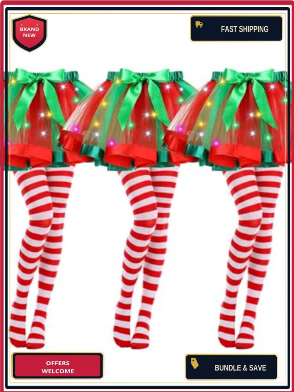 LED Light Up Tutu and Striped Tights Set 3 Pc Ballet Costume Dancewear